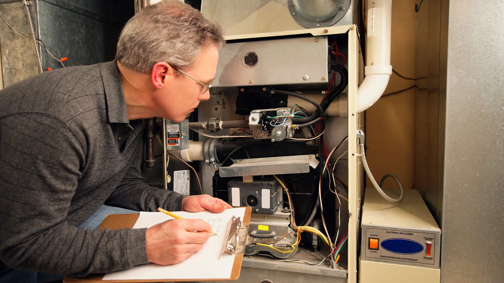 HVAC technician inspecting the inside of a residential furnace while taking notes on a clipboard during a heating system maintenance appointment.